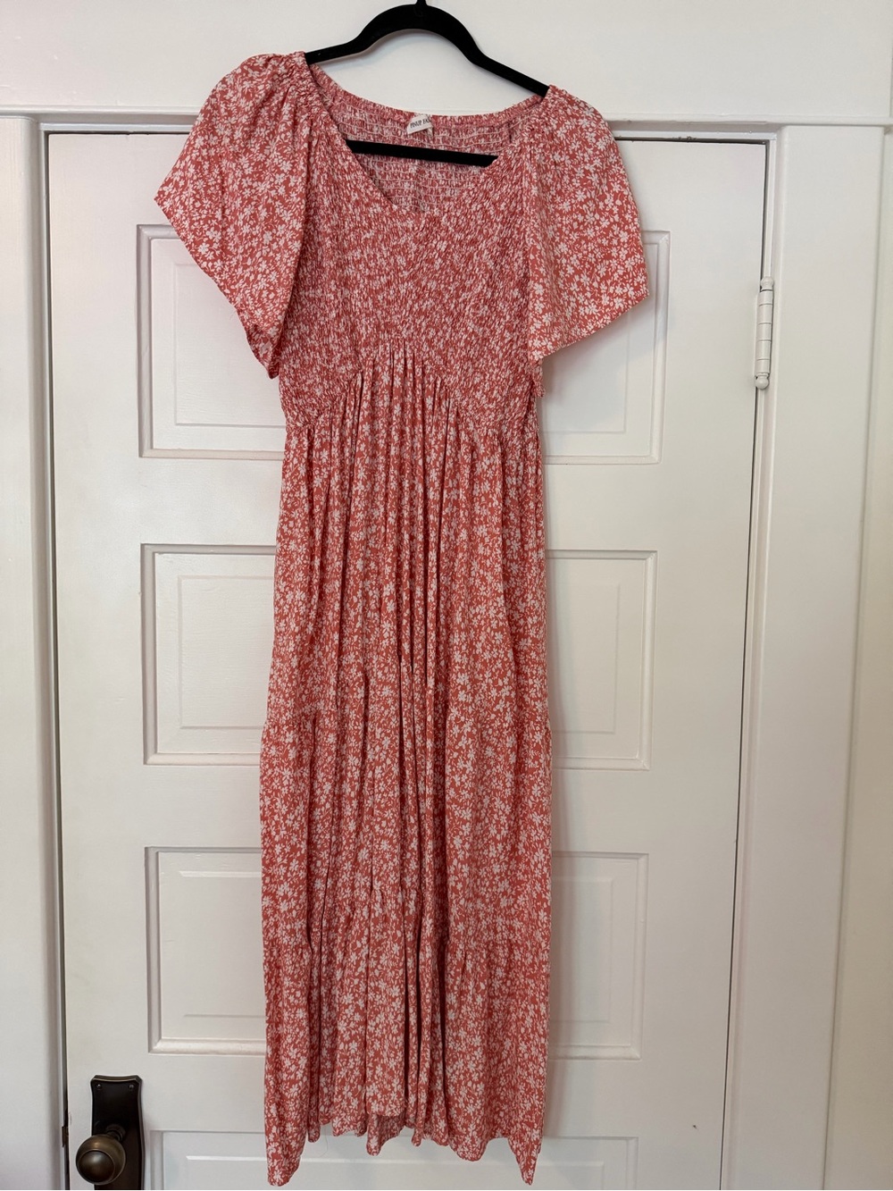 Maternity Floral Smocked Flutter Sleeve Midi Dress